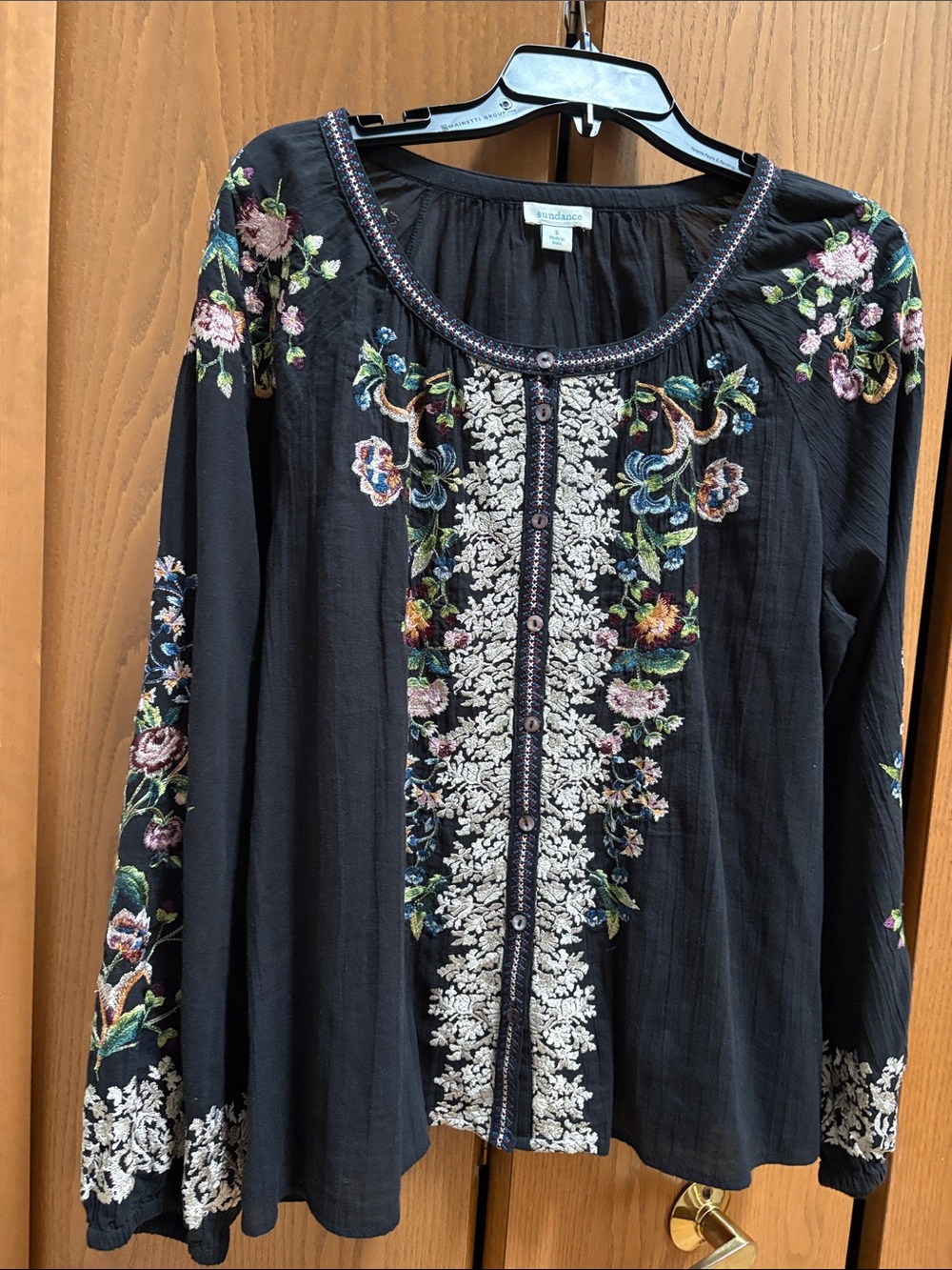 Sundance boho tunic, Black Embroidered Floral Peasant Blouse